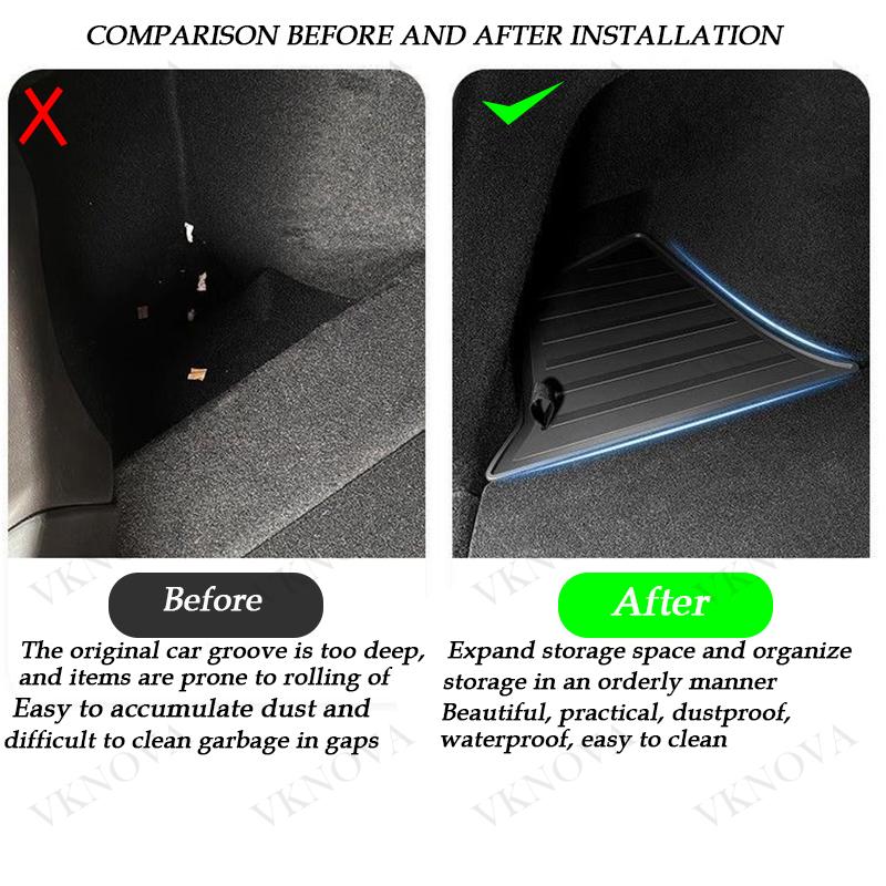 For Tesla Model Y Juniper 2025 Rear Trunk Side Storage Box Cargo Organizer TPE Bin Box Flocking Mat Partition Board Accessories