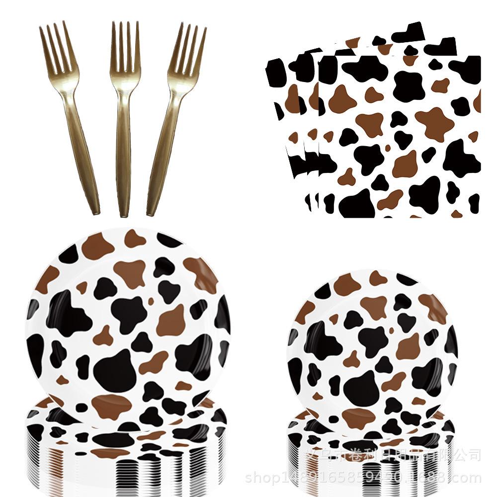Children'S Farm Cow Theme Party Supplies Birthday Decoration Black Brown Cow Paper Plate Paper Cup Flag Tablecloth Arrangement