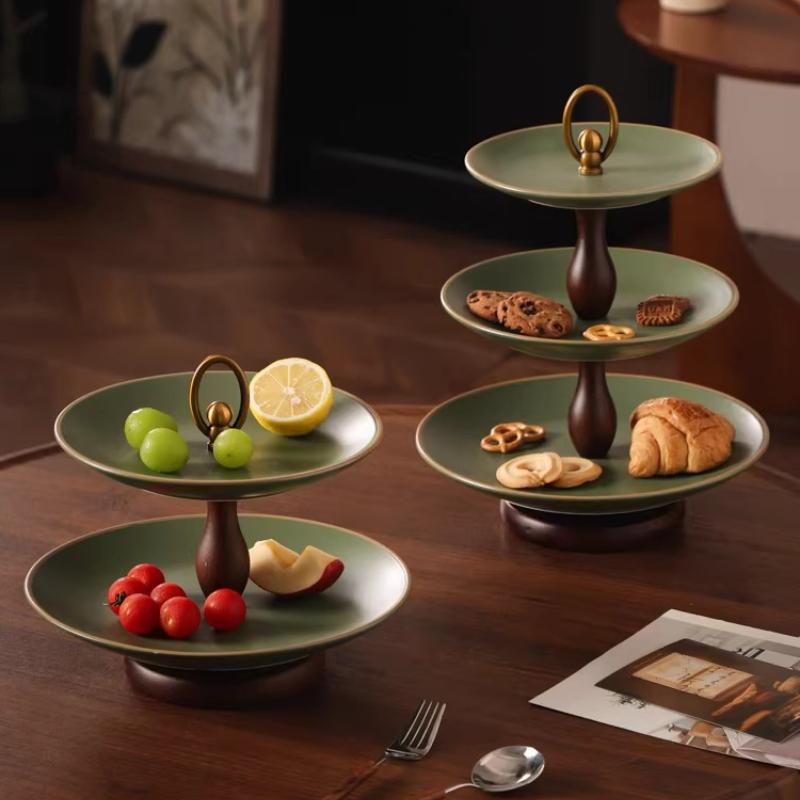 Green Double-layer Fruit Plate Ceramic Tray Snack Storage Box Double-layer Tray Desktop Container Kitchen Organizer Trays