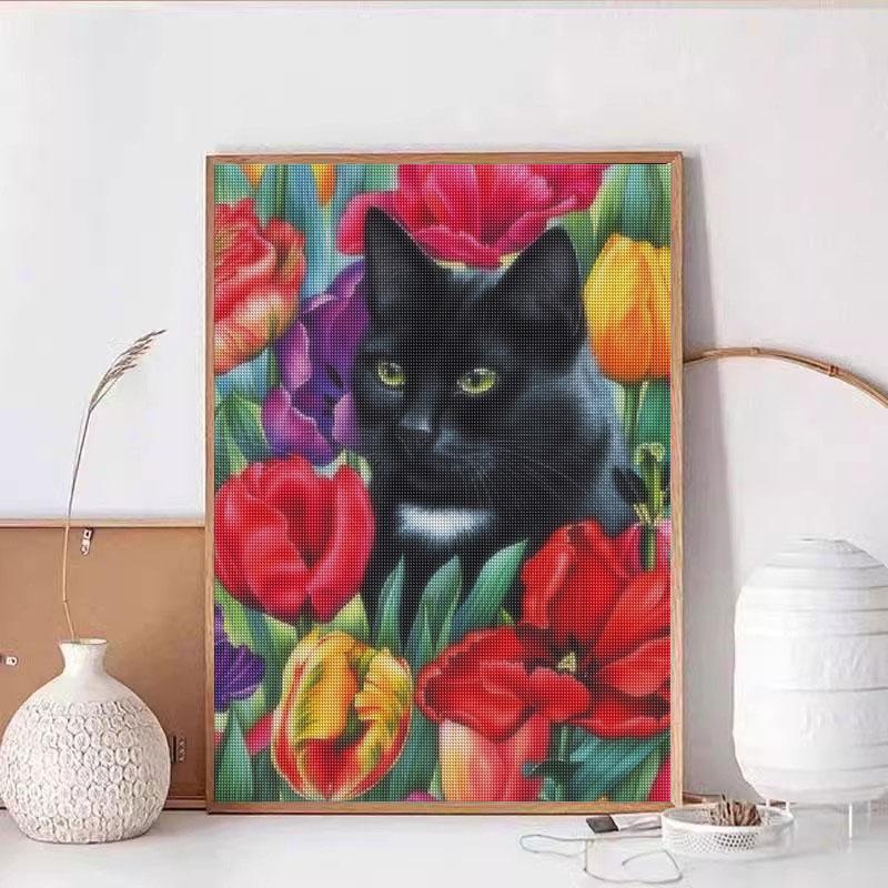 Diamond Painting Flower Cat Diamond Mosaic Embroidery Animal Rhinestone Home Decoration 30x40cm/12x16inch