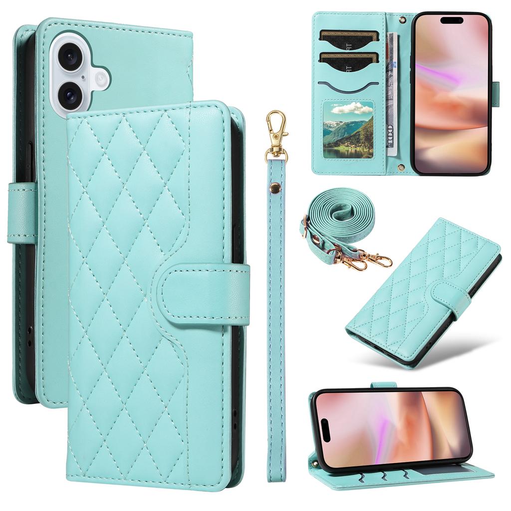 For iPhone 16 Plus Case Wallet Rhombus Leather Handbag Phone Cover with Shoulder Lanyard