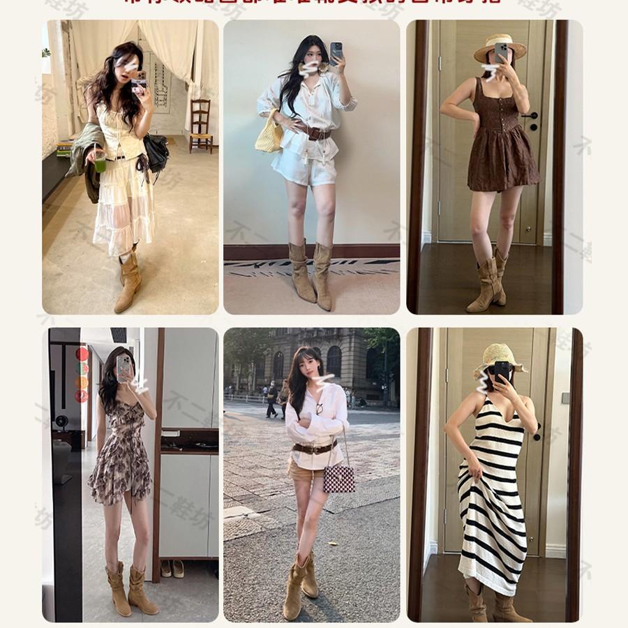 Blue Cabinet Version! Western Pleated Short Boots Women's Pile Boots Retro British Style Small Man Inner Height Increase Medium Tube Martin Boots