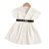 Girls' Fashionable Dress, Summer Children's Solid Color Square Elastic Short-sleeved Petticoat with Belt