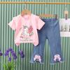 Girls Summer Cute Cartoon Short Sleeve Tee And Bow Knot Jeans Two Piece Set Casual Outfit