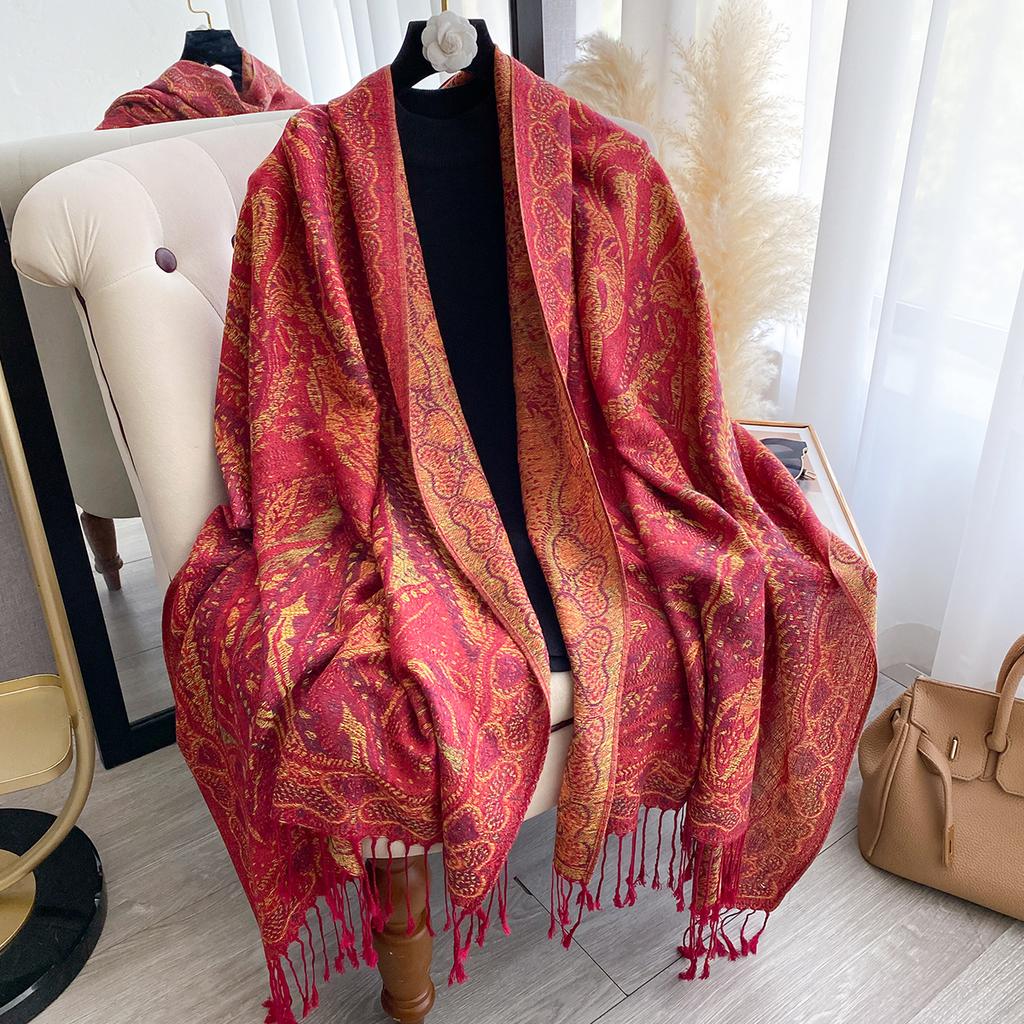 Damski Modny Zimowy Szalik z Sztucznego Kaszmiru Winylowy Wzór Z Frędzlami Gruby Ciepły Szal Pashmina Dwustronny Okrycie Zewnętrzne