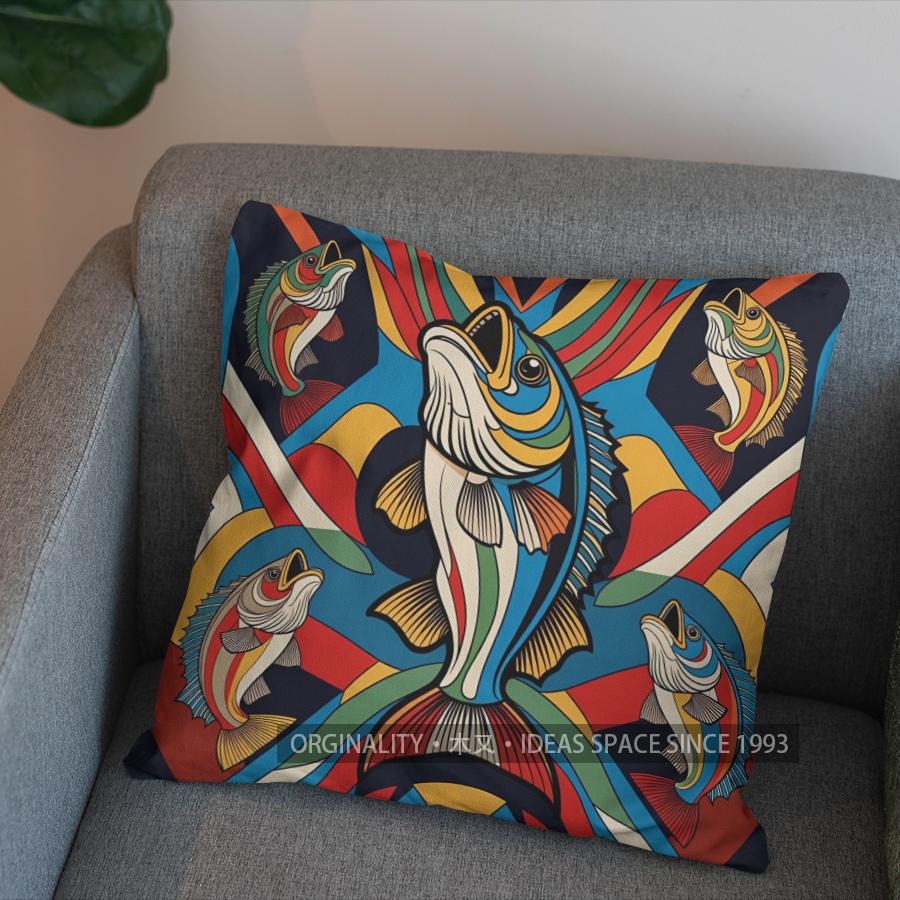 2D Buntes Fischmuster Dekorative Kissenhülle Muster Kissenbezug Geeignet für Sofa Schlafzimmer Auto Kissenbezug