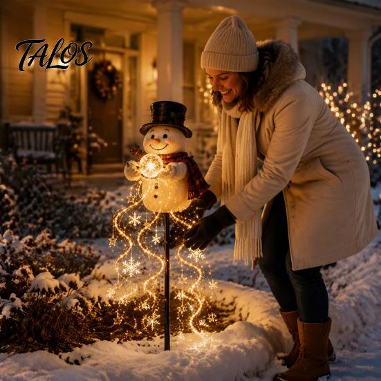 Decorative Hanging String Lights Solar Snowman Garden Light with Flowing Snowflakes, LED Christmas Waterfall Festive Lawn Snowflake Lighting