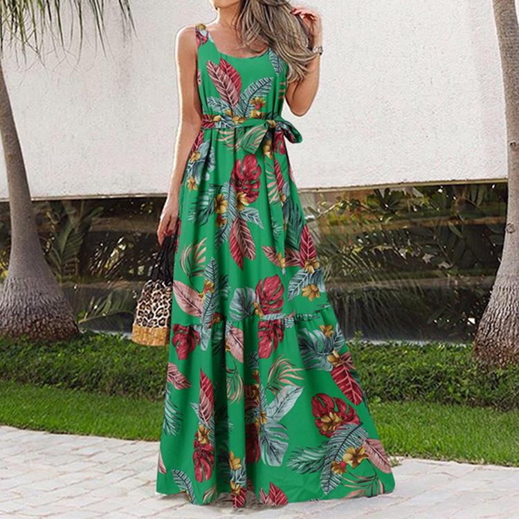 European & American Summer Print Casual Long Dress with Belt 2023