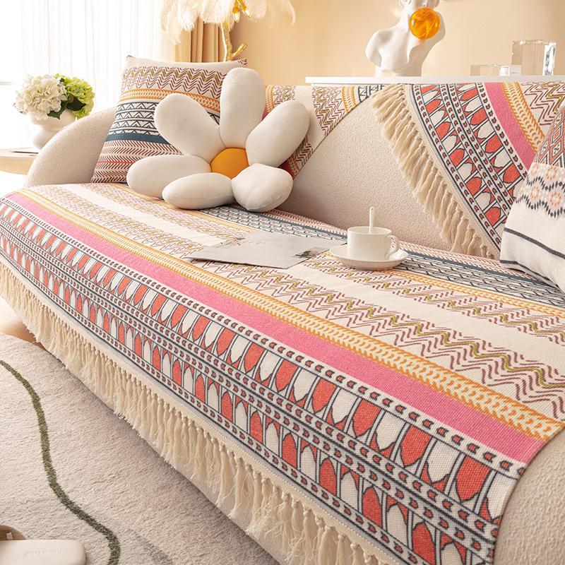 Cotton And Linen Sofa Cushion, Universal Non-Slip Seat Cushion For All Seasons, Old Coarse Cloth, Ethnic Style Fringed Sofa Cover Cover Cloth