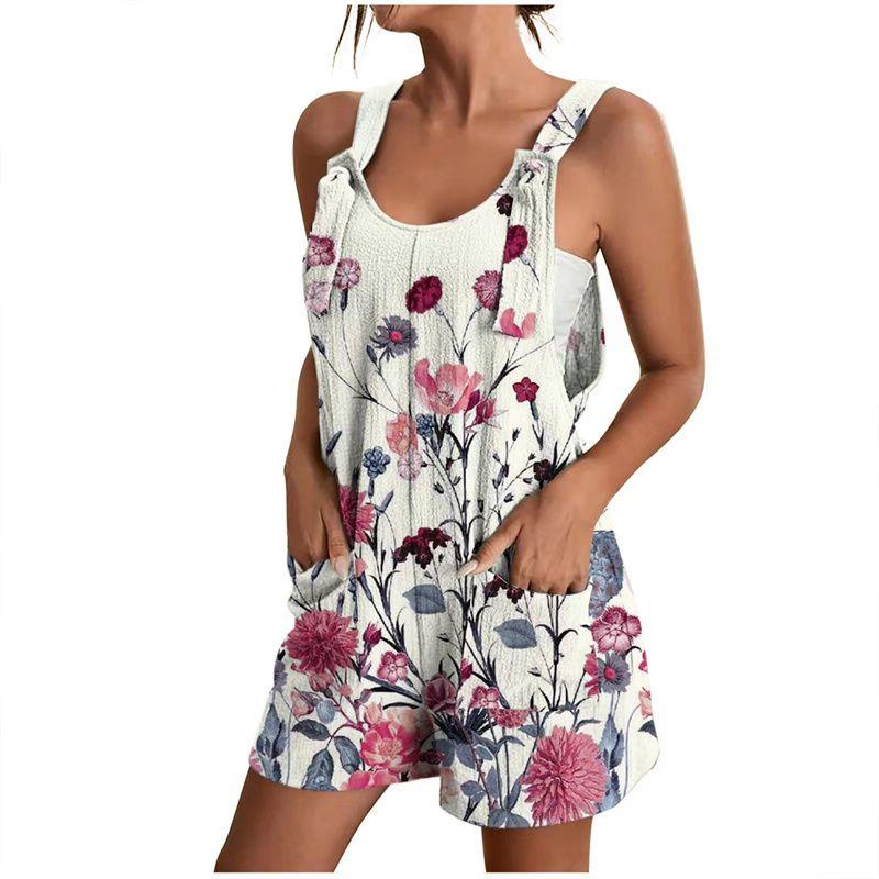 

Summer Women Jumpsuit Ladies Clothes Print V-neck Sling Pocket Jumpsuit Women Positioning Print White M