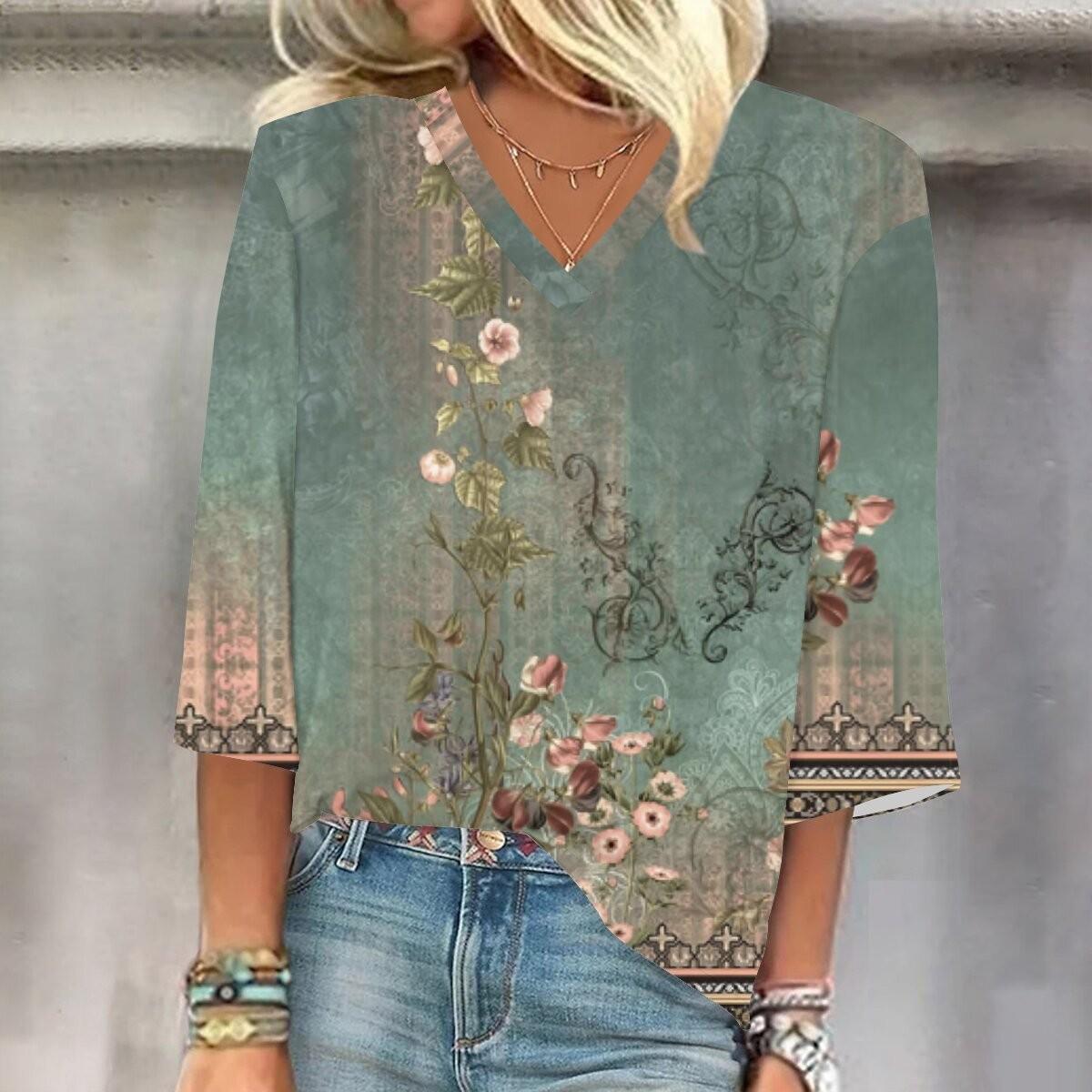 

Женская рубашка, блузка, повседневные свободные рубашки, рукава 3/4, топы с v-образным вырезом и принтом, топы с принтом, футболки, футболки XL