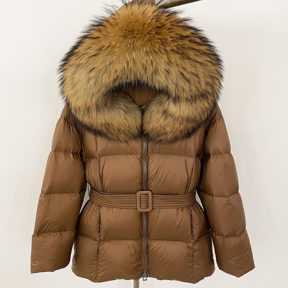 New women's winter real fox fur collar short hooded white duck down jacket women close waist and look thin