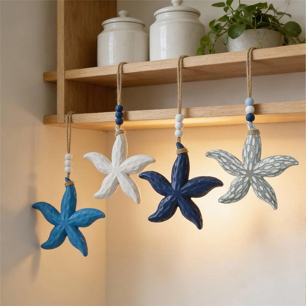 Mediterranean Wooden Starfish Wall Hanging, 40cm Nautical Coastal Decor With Jute Rope, 4 Colors Beach Themed Ornament For Home Bedroom