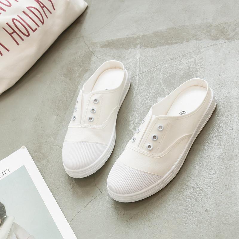 Korean Style Women's Canvas Slip-On Shoes, White, Size 41, No Heel. Perfect for Summer and Year-Round Wear.