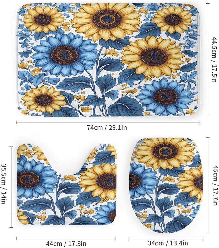 Bathroom Curtain And Rug Set, Sunflower Pattern Printed On Shower Curtain And Bath Mat Set, Designed For Farmhouse Contemporary