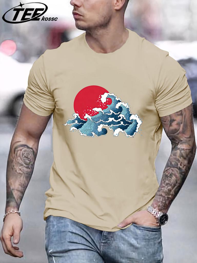 Japansk Solnedgång Vågor T-shirt För Män Sommar Casual Retro Kläder Bomull Trendig Mjuk T-shirt Unisex Rund Hals AllMatch Lös Topp