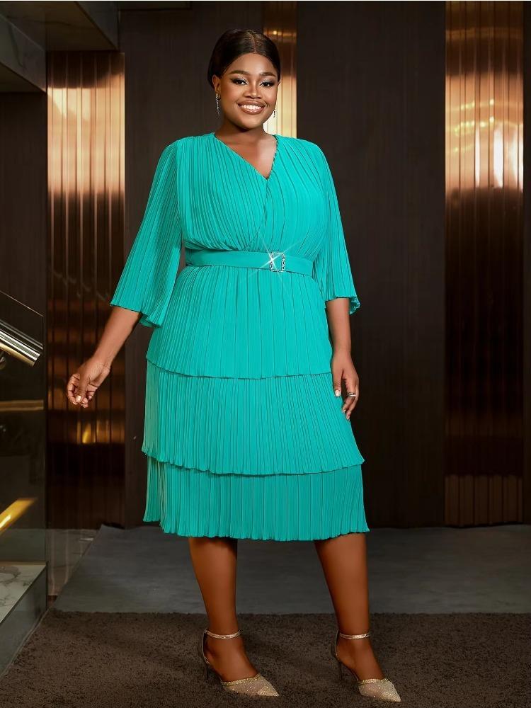 Women Elegant Chiffon Pleated A Line Cake Dress V Neck Half Sleeve High Waist Tiered Dresses Formal Work Office Daily Clothings