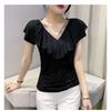 Summer Short Sleeved V Neck Women's T Shirt Elegant Slim Hot Drilling Ruffles Mesh Tees