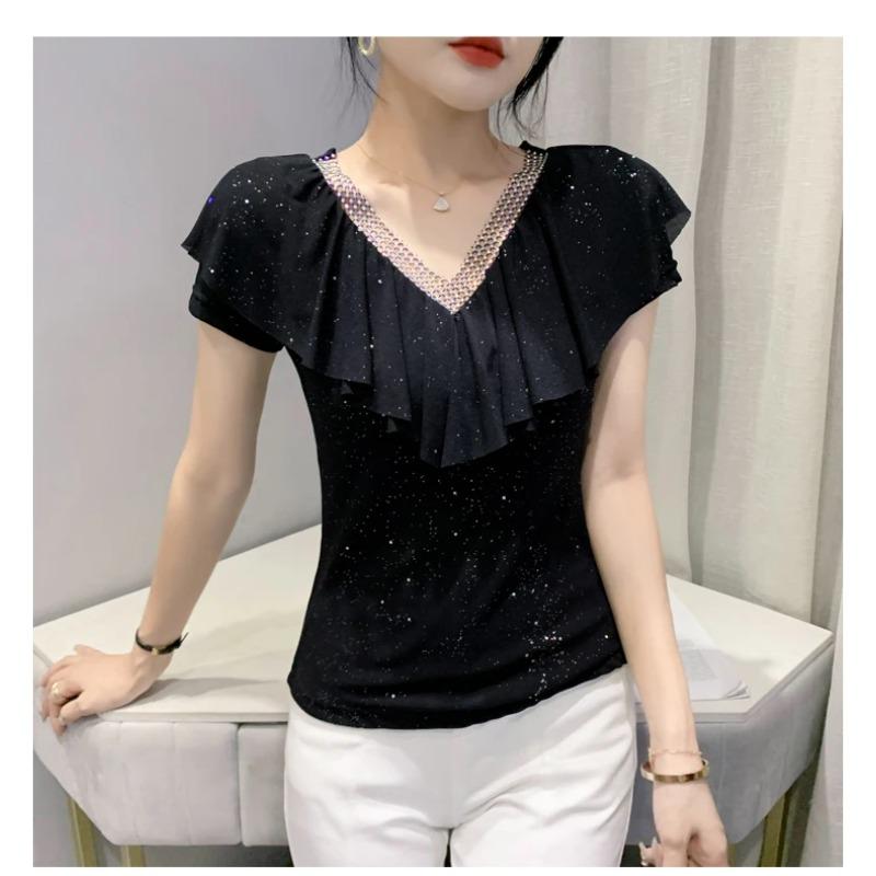 Summer Short Sleeved V Neck Women's T Shirt Elegant Slim Hot Drilling Ruffles Mesh Tees