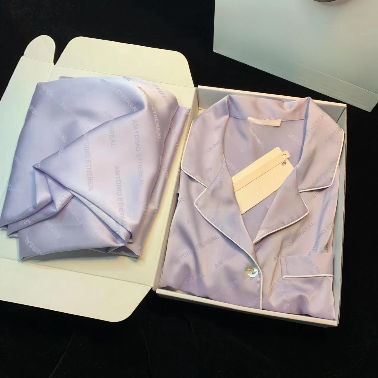 

Jacquard Ins Style Women s Pajamas Simulated Silk Long Sleeve Pant Female Sleepwear Spring L фиолетовый