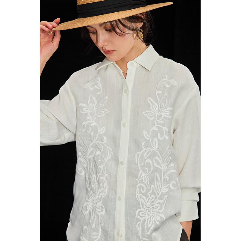 Women s Summer Lightweight Embroidered White Lapel Shirt L
