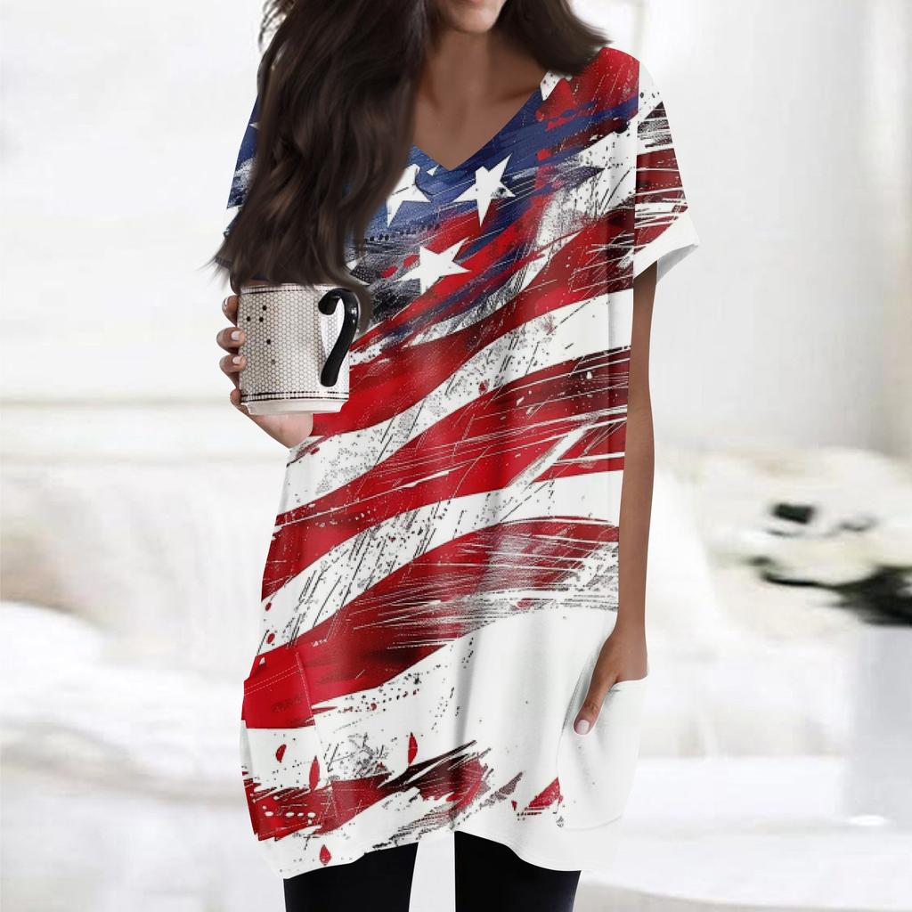 Womens Tops V-neck Short Sleeve Blouses Casual Mid-length Shirts Fashion Independence Day Print Tunic Tops With Pockets