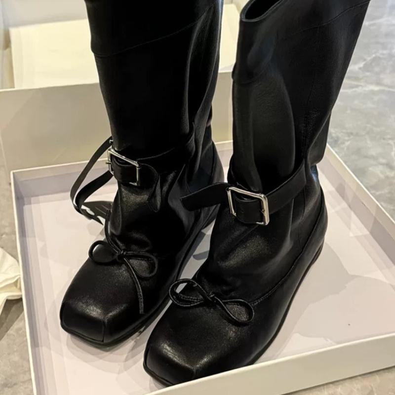 Fashion Retro Low Heel Mid-Leg Boots Women's Spring and Autumn New Square Toe Sleeve Bow Metal Belt Buckle Non-Slip Shoes