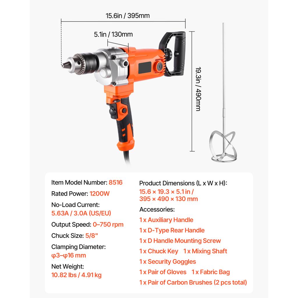 SucceBuy Drill Mixer 1/2in 5/8 In Corded Electric Drill Mixer Set Mixing Drills Machine D-Handle Handheld Cement Mixers