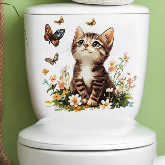 Toilet Sticker Waterproof PVC Cartoon Flower Cat Decorative Removable Lid Sticker Bright Color Toilet Art Decal