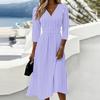 Women's Casual Striped V Neck Dress with Three Quarter Sleeves Back Zipper Midi Length Comfortable Fit