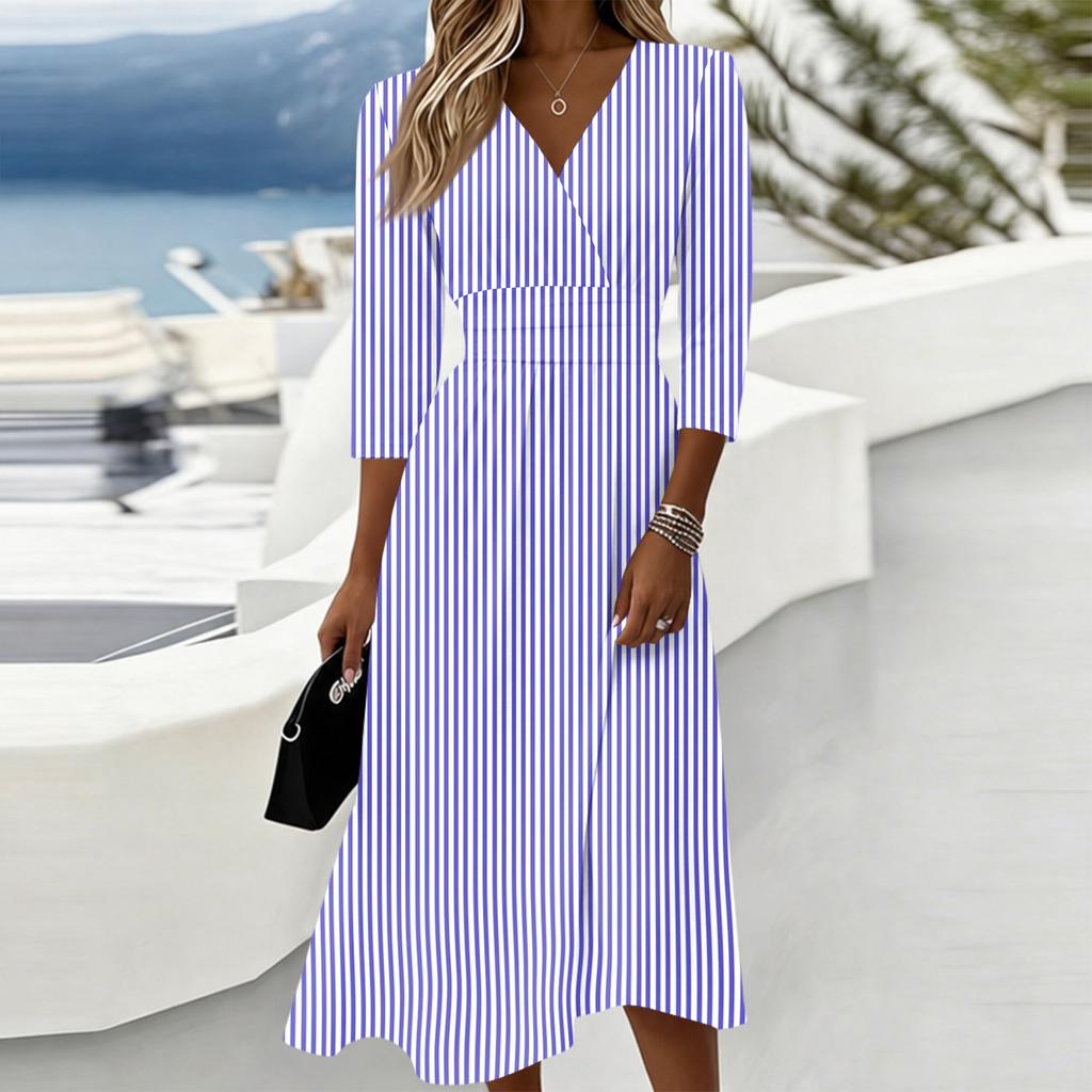 Women's Casual Striped V Neck Dress with Three Quarter Sleeves Back Zipper Midi Length Comfortable Fit