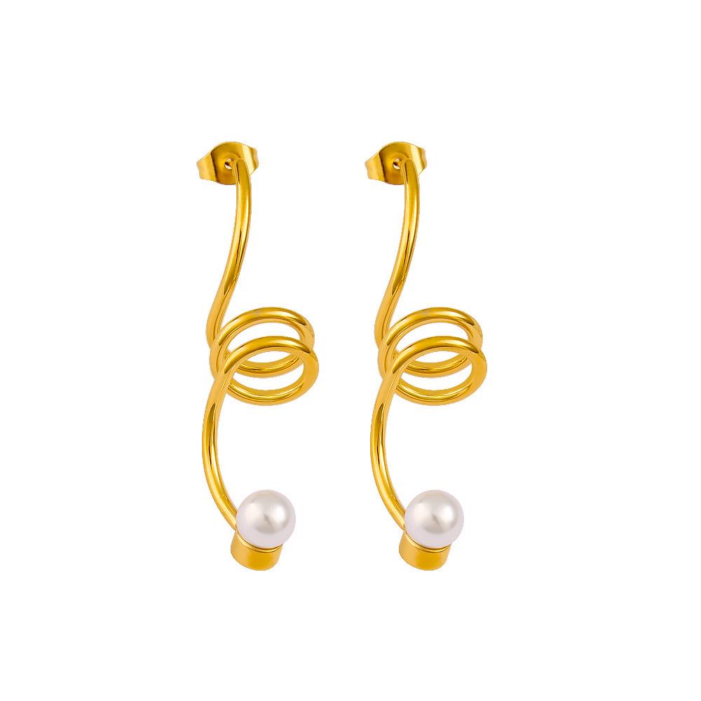 Fashionable Threaded Stainless Steel Pearl Earrings - Simple European & American Style
