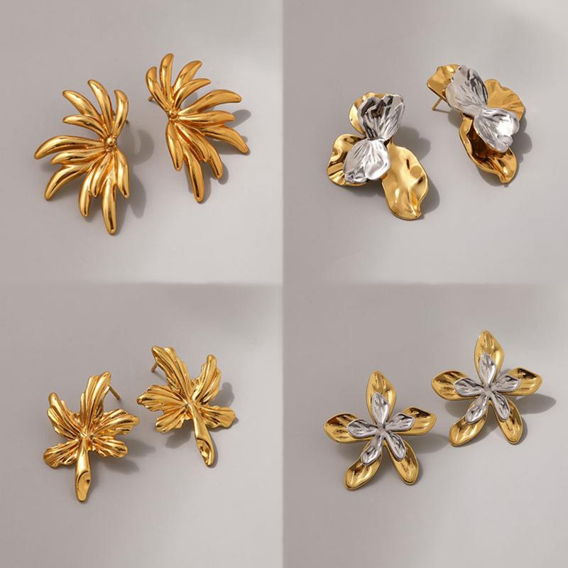Stainless Steel Two Flower Stud Earrings for Women Irregular Leaf Earrings No Fade Party Banquet Elegent Jewelry