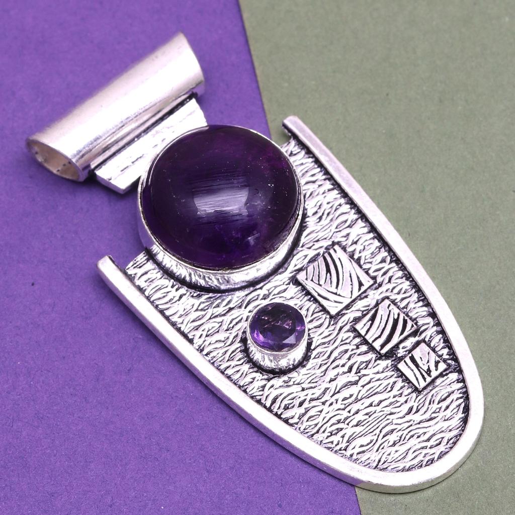 Colier din argint, ametist, bijuterii cadou, pandantiv lucrat manual de 45 cm