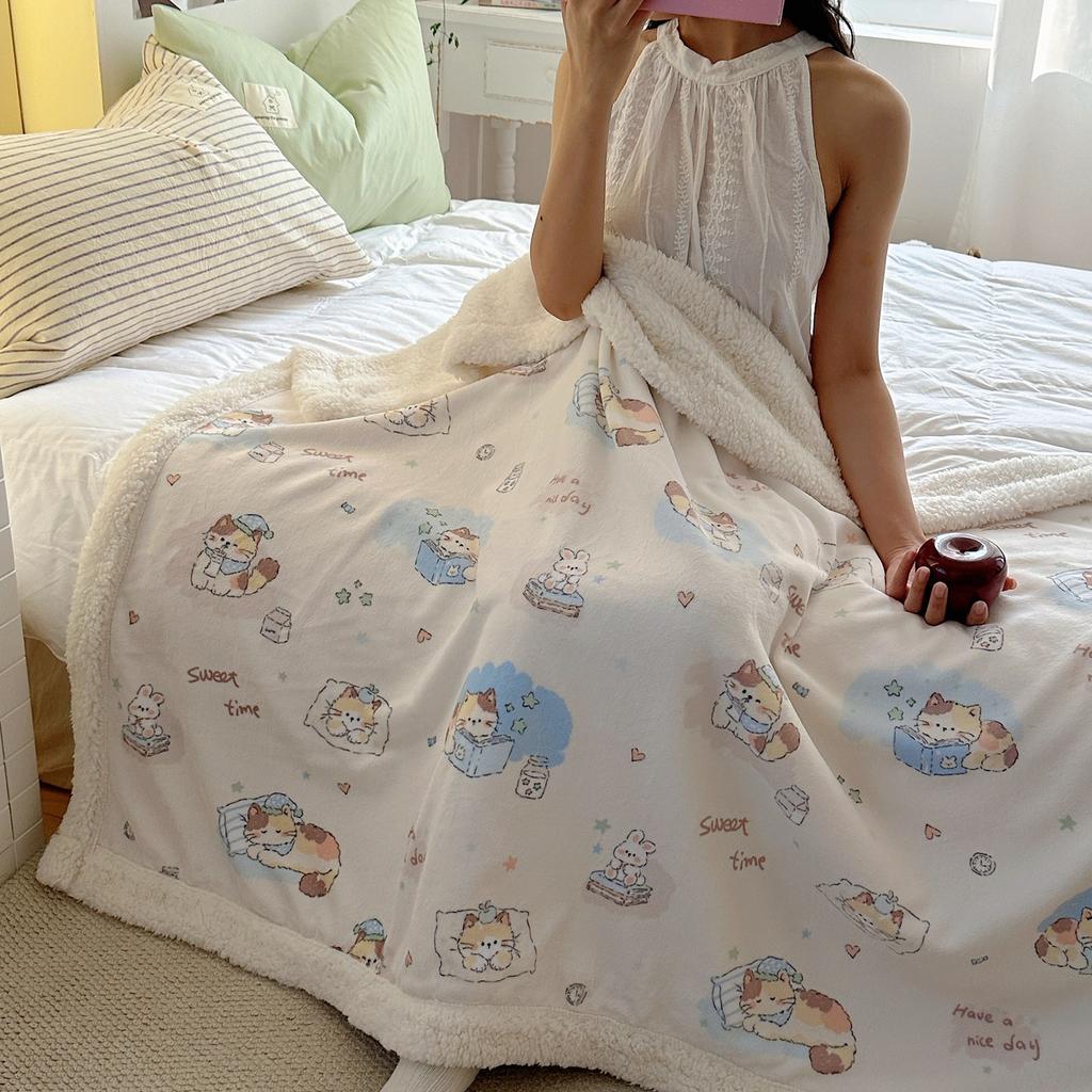 Cartoon Puppy Faux Lambs Wool Blanket Double Layer Thick Warm Fleece Throw Blanket for Sofa Bed Spring Autumn Soft Plush Blanket
