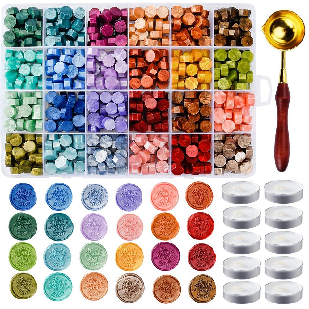 

624pcs Metallic Assorted Color Wax Seal Beads and 1 wooden spoon 10pcs Candles set - 24 Colors Sealing Wax Beads for Making Wax