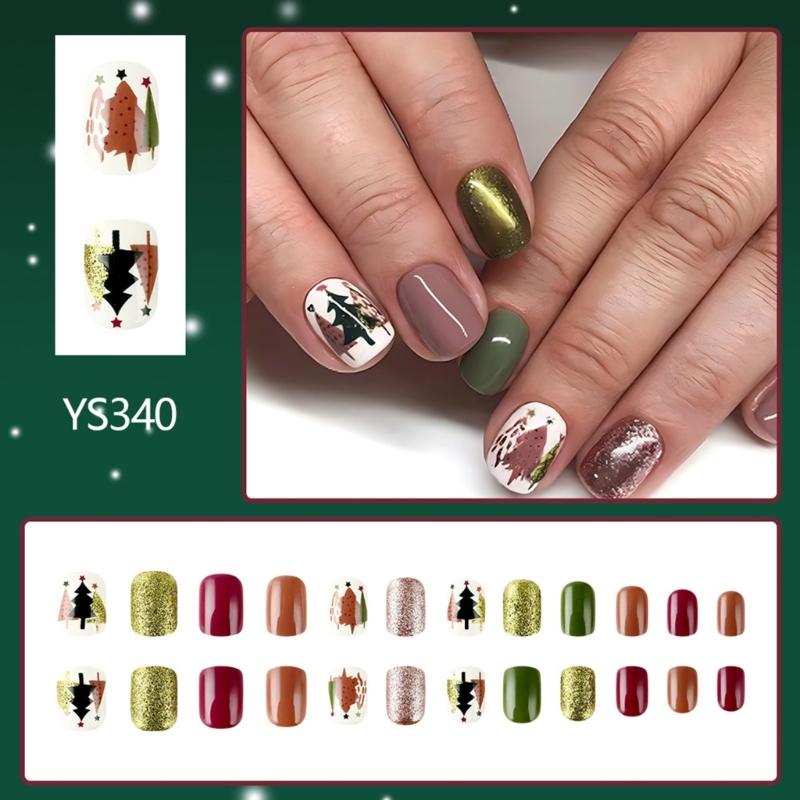 24 Pcs Full Cover Stick on Nails Christmas Press On Nails Artificial Nails Short False Nails with Christmas Tree Designs