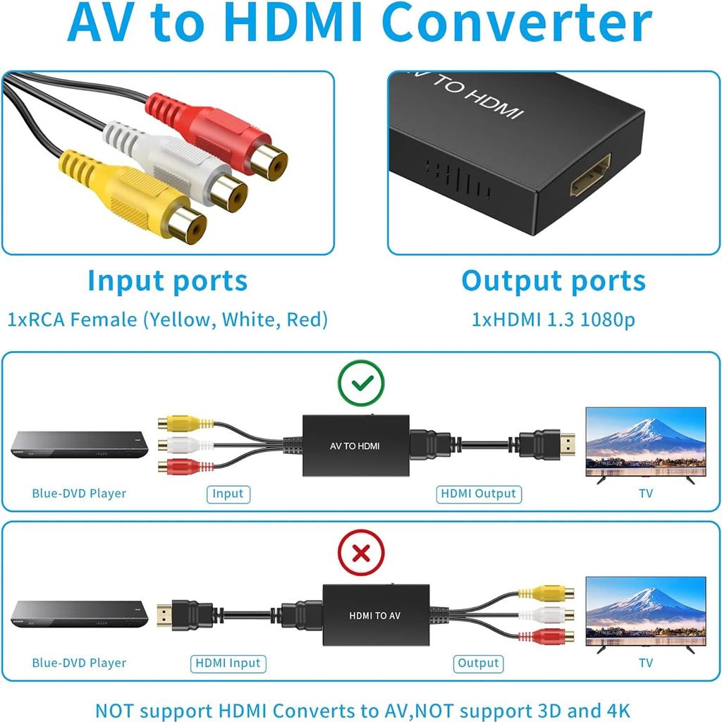 RCA To Converter, Composite To Adapter Support 1080P /NTSC Compatible With One, , , STB, , VHS, VCR, Blue-Ray DVD Players
