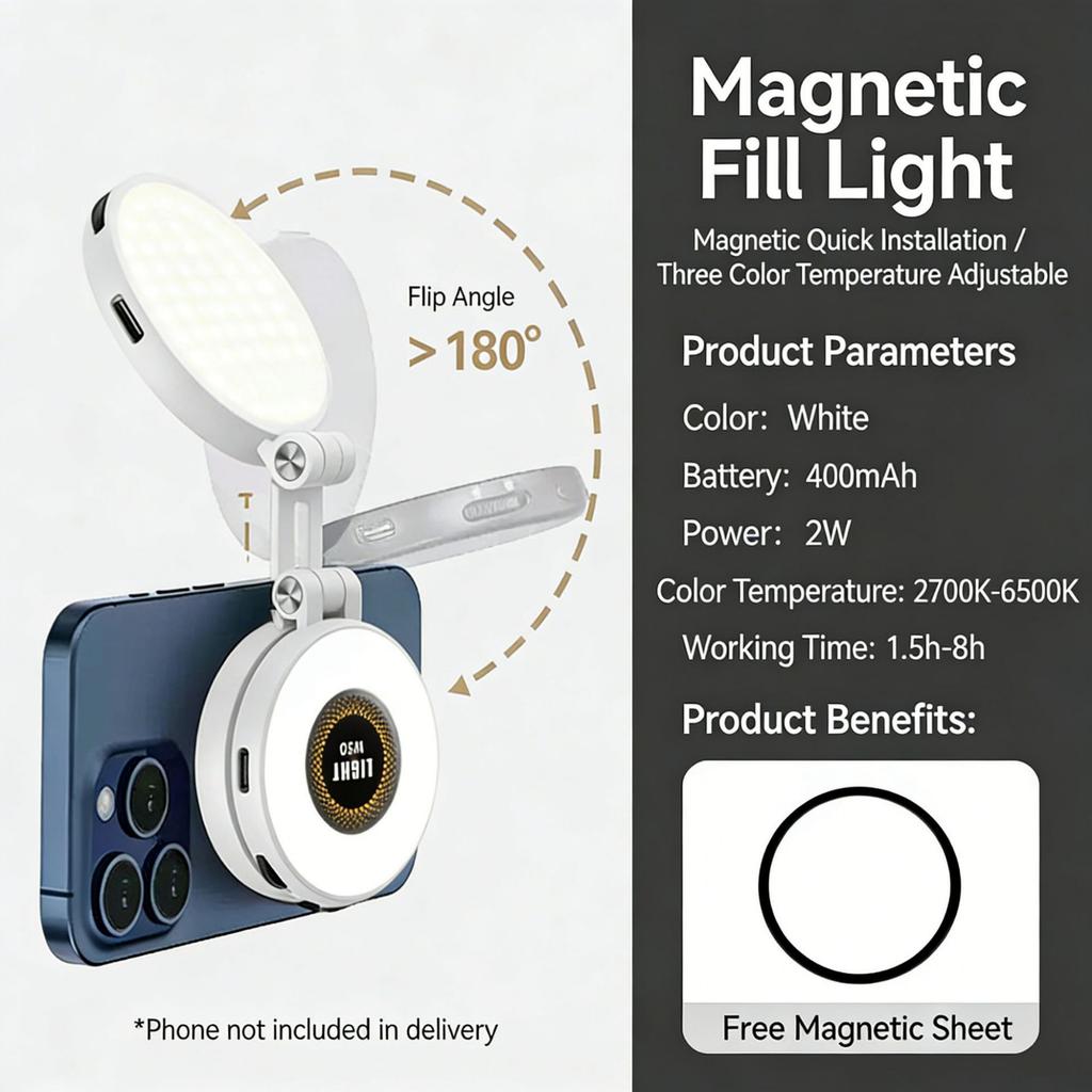 Portable Magnetic Clip-On LED Fill Light for Mobile Phones Adjustable Brightness Selfie Pocket Light for Outdoor Live Streaming and Video Recording