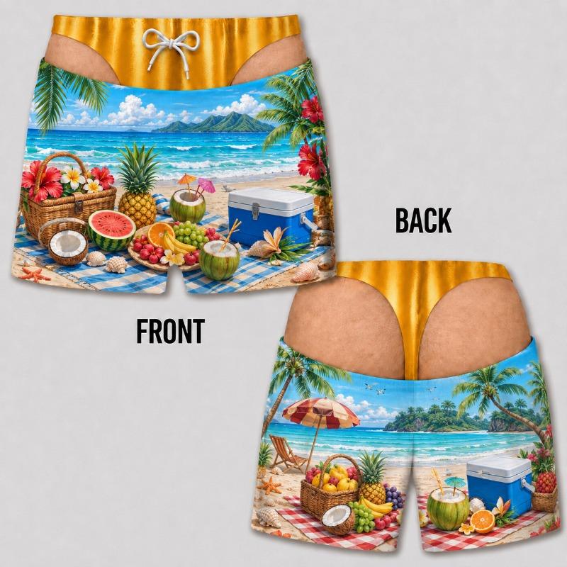 Mens Funny 3D Tropical Beach Sunset Swim Shorts Quick Dry Lightweight Summer Vacation Board Shorts Beachwear Party Gift