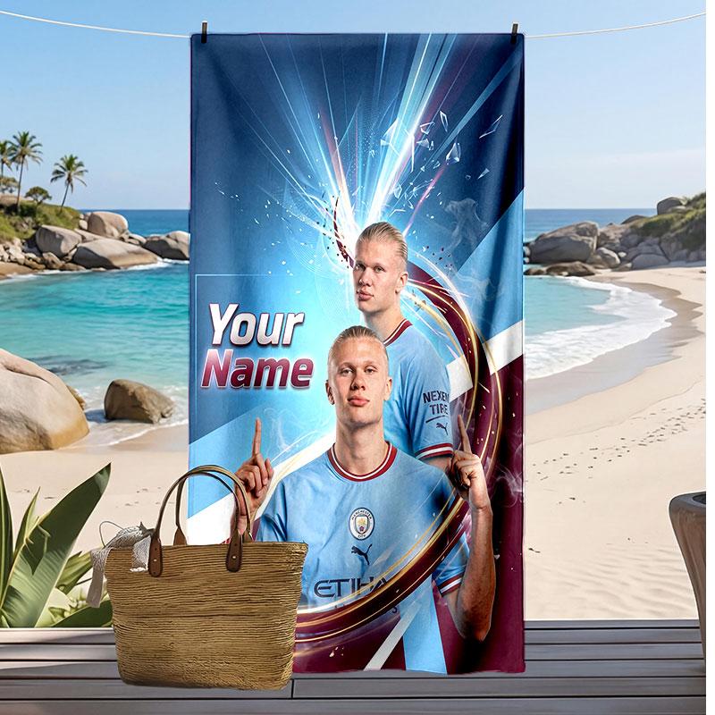 Erling Haaland Personalized Printed Beach Towel Soccer Logo Support Custom Name Text Absorbent Towel For Sport Travel Special Gift