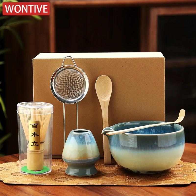 6PCS Matcha Tea Set Ceramic Matcha Bowl Bamboo Whisk Scoop Teaspoon Sifter Vintage Song Dynasty Tea Ceremony Kit