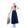 Women's 2024 Autumn Pleated Denim Midi Skirt – High Waist A-Line Umbrella Design
