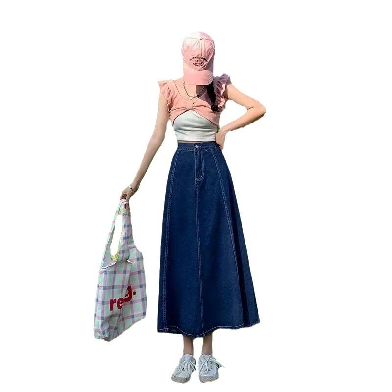 Women's 2024 Autumn Pleated Denim Midi Skirt – High Waist A-Line Umbrella Design