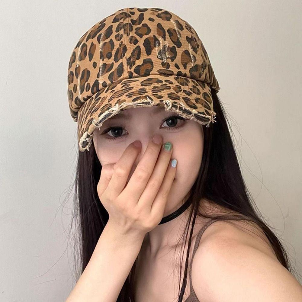 Retro Distressed Leopard Print Baseball Hat Adjustable Sun Hat Trendy Cool Baseball Caps  Women