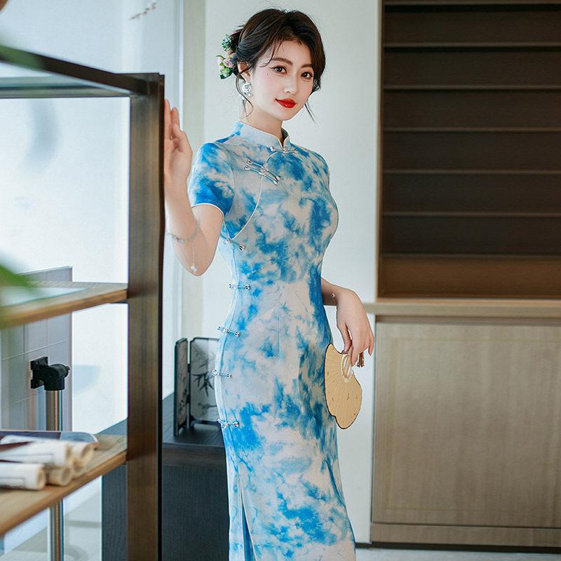 Blue National Style New Chinese Long Cheongsam Improved New Young Women's High-end Sense Retro Short Sleeve Summer