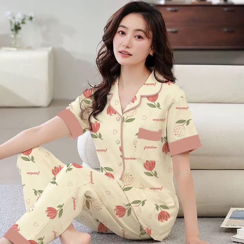 Simple and Sweet Floral Pajamas Women's Summer Imitation Cotton Short-sleeved Trousers Medium Young Women's Loungewear Set