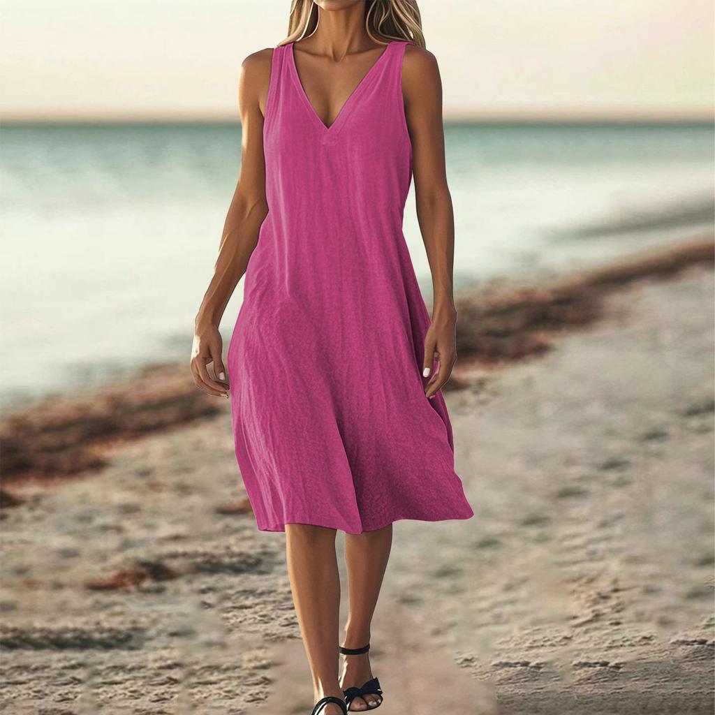 Women's Fashionable Solid Color V Neck Sleeveless Slim Fit Back Zipper Dress