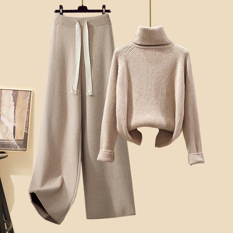 Women's Autumn 2024 Three-Piece Set: Mid-Length Cardigan Jacket, High-Neck Sweater, and Slim Wide-Leg Pants