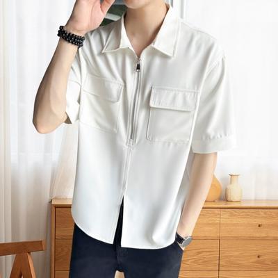 Camicia cargo estiva da uomo con mezza cerniera, orlo diviso, tasche sul petto, manica corta, colletto rovesciato, ampia, tinta unita, abbigliamento da strada, top da uomo per tutti i giorni